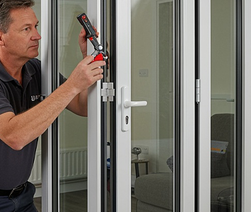 Locksmith adjusting the mechanism on a bifold door