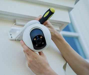 Security man fitting a CCTV sensor